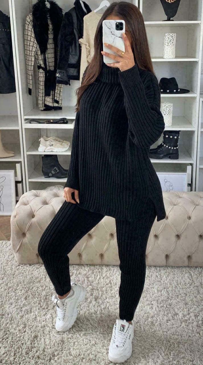 Ladies Chunky Knitted Ribbed Polo High Neck